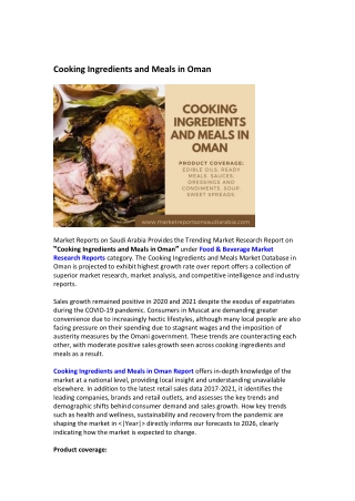 Oman Cooking Ingredients and Meals Market Research Report 2021-2026