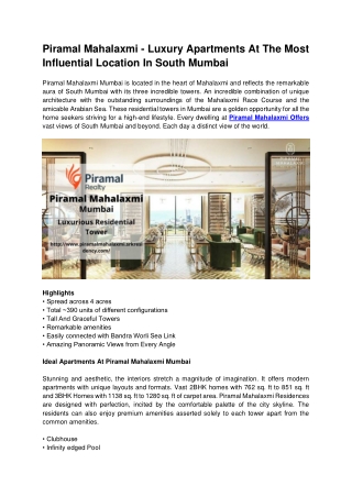 Piramal Mahalaxmi - Luxury Apartments At The Most Influential Location In Mumbai