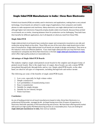 Single Sided PCB Manufacturer in India | Shree Ram Electronics