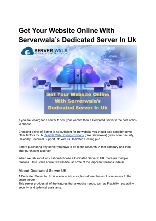 Get Your Website Online With Serverwala’s Dedicated Server In Uk