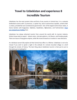 Travel to Uzbekistan and experience 8 Incredible Tourism