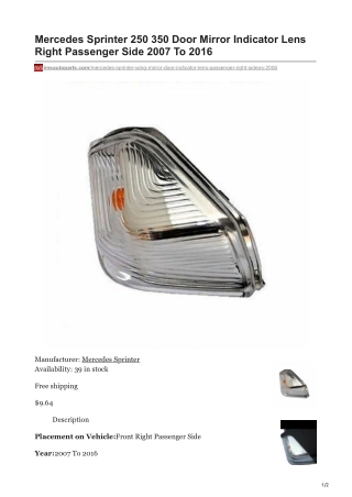 imsautoparts.com-Mercedes Sprinter 250 350 Door Mirror Indicator Lens Right Passenger Side 2007 To 2016