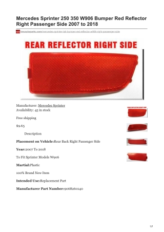 imsautoparts.com-Mercedes Sprinter 250 350 W906 Bumper Red Reflector Right Passenger Side 2007 to 2018