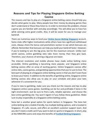 Reasons and Tips for Playing Singapore Online Betting Casino