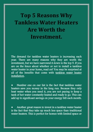 Top 5 Reasons Why Tankless Water Heaters Are Worth the Investment.
