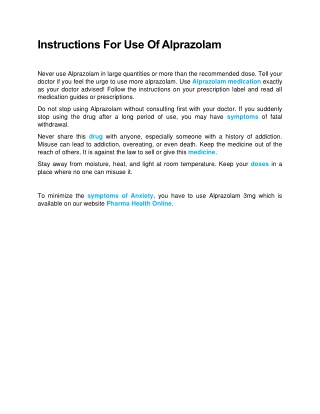 Instructions For Use Of Alprazolam