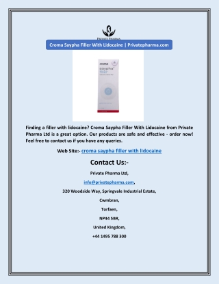 Croma Saypha Filler With Lidocaine | Privatepharma.com