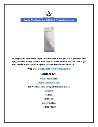 Saypha Rich Hyaluronic Acid Gel | Privatepharma.com