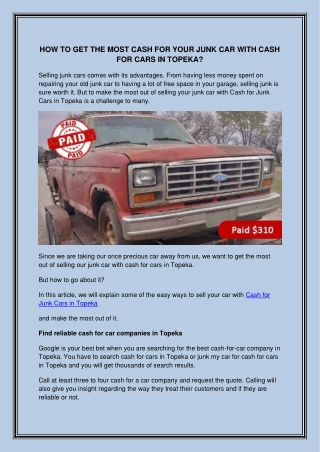 How to get the most cash for your junk car with Cash for Cars in Topeka