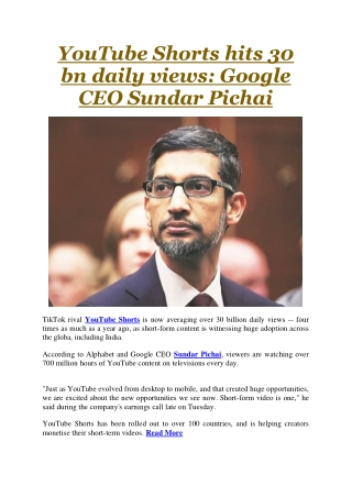 YouTube Shorts hits 30 bn daily views Google CEO Sundar Pichai