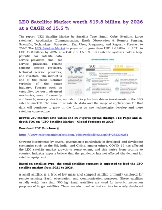 LEO Satellite Market worth $19.8 billion by 2026 at a CAGR of 15.5 %