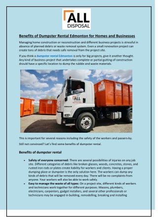 Benefits of Dumpster Rental Edmonton for Homes and Businesses