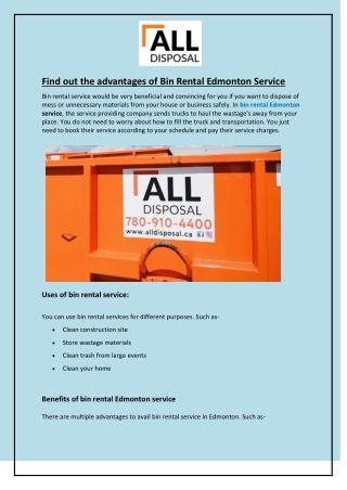 Find out the advantages of Bin Rental Edmonton Service