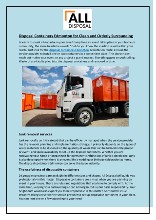 Disposal Containers Edmonton for Clean and Orderly Surrounding