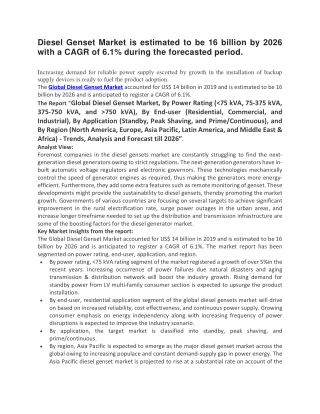 Diesel Genset Market is estimated to be 16 billion by 2026 with a CAGR of 6