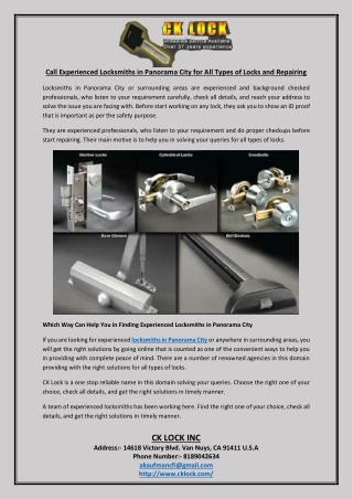 Call Experienced Locksmiths in Panorama City for All Types of Locks and Repairing
