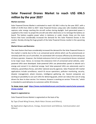 Solar Powered Drones Market to reach US$ 696.5 million by the year 2027