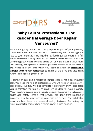 Why To Opt Professionals For Residential Garage Door Repair Vancouver