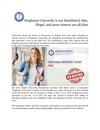 Singhania University is not blacklisted, fake, illegal, and more rumors are all false