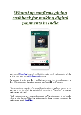 WhatsApp confirms giving cashback for making digital payments in India