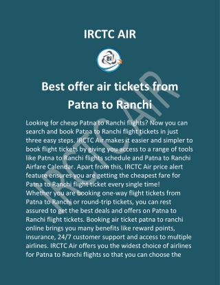 Best offer air tickets from Patna to Ranchi