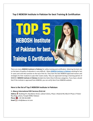 Top 5 NEBOSH Institute in Pakistan for best Training & Certification