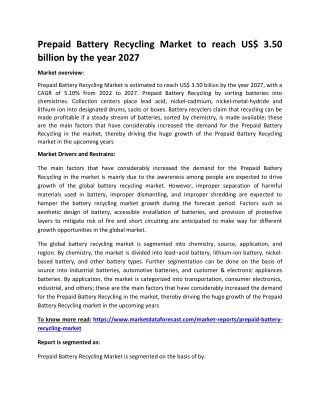 Prepaid Battery Recycling Market to reach US$ 3.50 billion by the year 2027