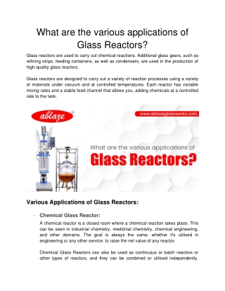 Ablaze Glass Work - What are the various applications of Glass Reactors