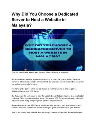 Why Did You Choose a Dedicated Server to Host a Website in Malaysia