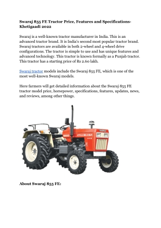 Swaraj 855 FE Tractor Price, Features and Specifications- Khetigaadi 2022