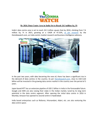 By 2024, Data Centre Area in India Set to Reach 24.3 million Sq. Ft