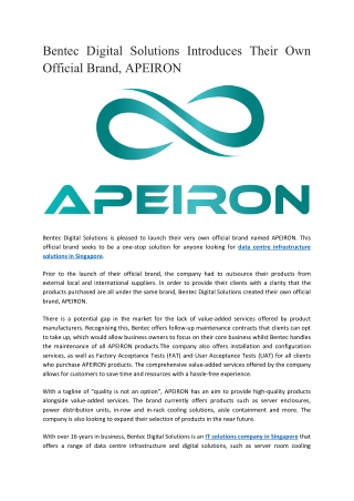 Bentec Digital Solutions Introduces Their Own Official Brand, APEIRON
