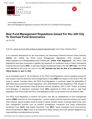 New Fund Management Regulations Issued For Ifsc-Gift City To Overhaul Fund Governance