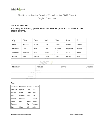 The Noun – Gender Practice Worksheet for CBSE Class 3 English Grammar