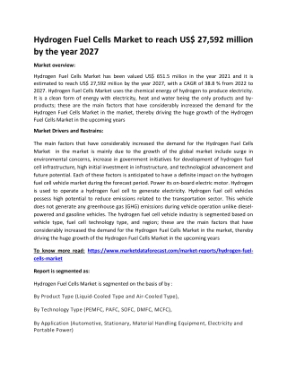 Hydrogen Fuel Cells Market to reach US$ 27,592 million by the year 2027