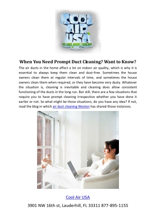 When You Need Prompt Duct Cleaning? Want to Know?