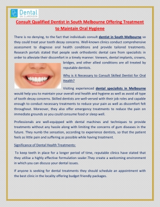 Consult Qualified Dentist in South Melbourne Offering Treatment to Maintain Oral Hygiene