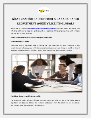 What can you expect from a Canada based Recruitment Agency like ITS Global