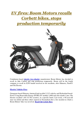 EV fires Boom Motors recalls Corbett bikes, stops production temporarily