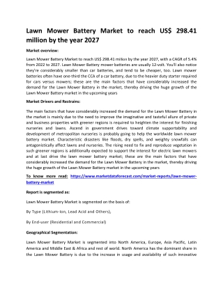 Lawn Mower Battery Market to reach US$ 298.41 million by the year 2027