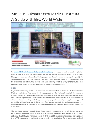 MBBS in Bukhara State Medical Institute: A Guide with EBC World Wide