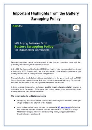 Important Highlights of Battery Swapping Policy