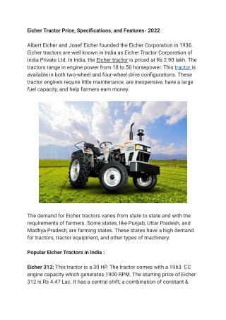 Eicher Tractor Price, Specifications, and Features- 2022