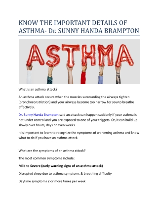 KNOW THE IMPORTANT DETAILS OF ASTHMA- Dr. SUNNY HANDA BRAMPTON