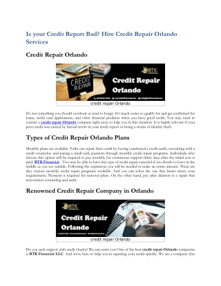 Is your Credit Report Bad Hire Credit Repair Orlando Services