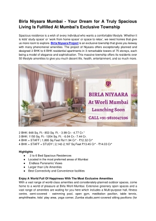 Birla Niyaara Mumbai - Your Dream for A Truly Spacious Living Is Fulfilled