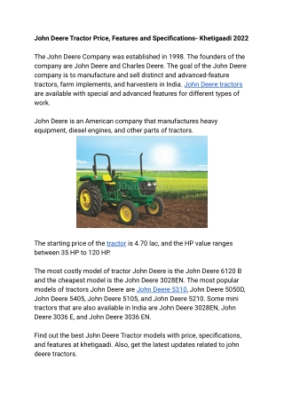 John Deere Tractor Price, Features and Specifications- Khetigaadi 2022