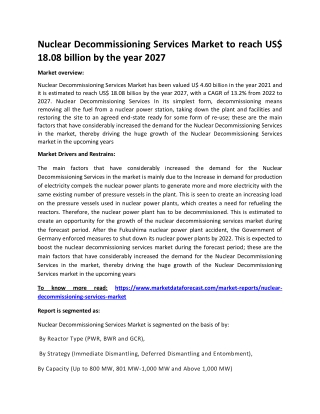Nuclear Decommissioning Services Market to reach US$ 18.08 billion by 2027