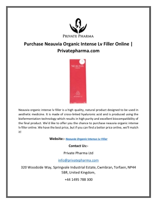 Purchase Neauvia Organic Intense Lv Filler Online | Privatepharma.com