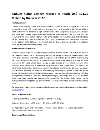 Sodium Sulfur Battery Market to reach US$ 124.25 Million by the year 2027
